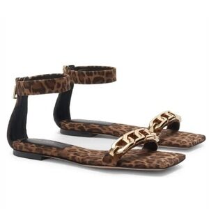 Good American Leopard Print Sandals with Gold Chain Detail
